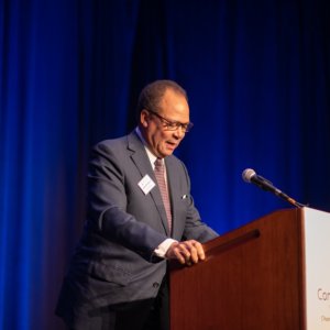 This is a photo of Sanford Cloud Jr. speaking at a podium during the Connecticut Health Foundation's 2018 thought event.