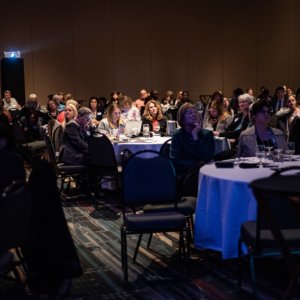 This is a photo of several round tables with people sitting at them during the Connecticut Health Foundation's 2018 thought event.