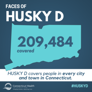 This is a graphic that shows the state of Connecticut with the text "209,484 covered." The rest of the graphic has text that says Faces of HUSKY D: HUSKY D covers people in every city and town in Connecticut.