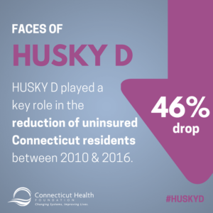 This is a graphic shows a downward arrow and has text that says Faces of HUSKY D: HUSKY D played a key role in the reduction of uninsured Connecticut residents between 2010 & 2016.