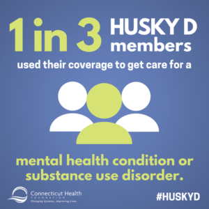 This is a graphic that shows the outlines of three people with text that says 1 in 3 HUSKY D members used their coverage to get care for a mental health condition or substance use disorder.