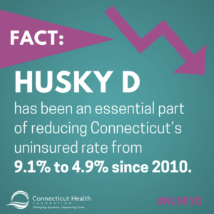 This is a graphic that shows a zig-zagged arrow pointing downward with text that says Fact: HUSKY D has been an essential part of reducing Connecticut's uninsured rate from 9.1% to 4.9% since 2010.