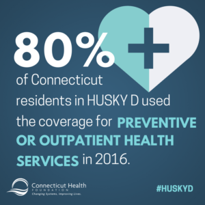 This is a graphic that shows a picture of a heart with a medical cross in the middle. It has text that says 80% of Connecticut residents in HUSKY D used the coverage for preventive or outpatient health services in 2016.