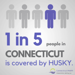 This is a graphic that shows the outline of five people, one which is purpose and four which are gray. The text below it says "1 in 5 people in Connecticut is covered by HUSKY."