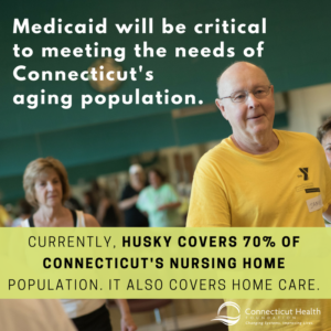 This is a picture of seniors in an exercise class with text over the photo that says Medicaid will be critical to meeting the needs of Connecticut's aging population. Currently, HUSKY covers 70% of Connecticut's nursing home population. It also covers home care.