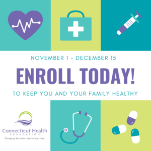 This is a graphic that has pictures of a heart, medical bag, syringe, stethescope, and pills, and text that says "November 1 - December 15 Enroll today! To keep you and your family healthy"