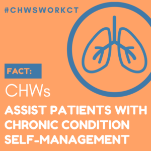 This is a graphic that shows a picture of a heart with text that says Fact: CHWs assist patients with chronic condition self-management.