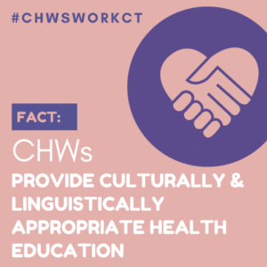 This is a graphic showing a picture of two hands holding each other and forming the shape of a heart. It is next to text that says Fact: CHWs provide culturally and linguistically appropriate health education