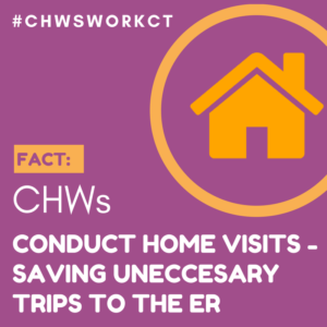 This is a graphic with a picture of a house and text that says Fact: CHWs conduct home visits - saving unnecessary trips to the ER