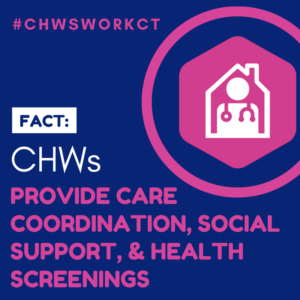 This is a graphic that shows a picture of a house with a doctor inside and text that says Fact: CHWs provide care coordination, social support, & health screenings.