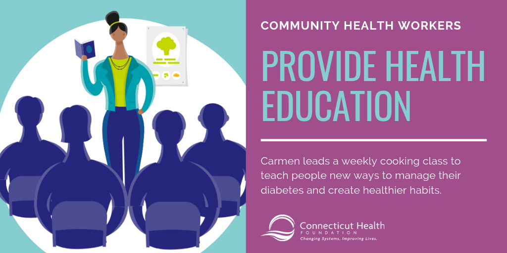 This is a slide from an infographic that shows a woman standing in front of several people holding up a book. The text says Community health workers provide health education. Carmen leads a weekly cooking class to teach people new ways to manage their diabetes and create healthier habits.