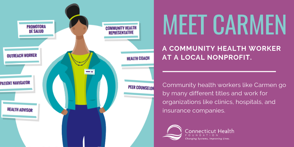 This is a photo of an infographic about a community health worker named Carmen that says: Meet Carmen, a community healht worker at a local nonprofit. Community health workers like Carmen go by many different titles and work for organizations like clinics, hospitals, and insurance companies.