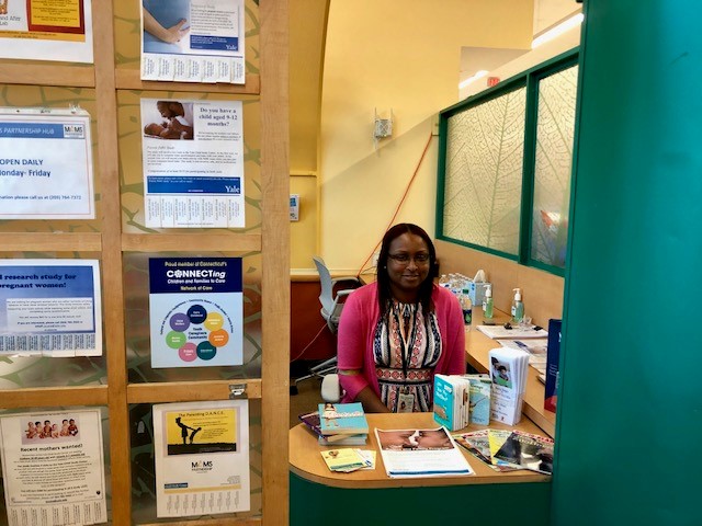 This is a picture of Kimberly Streater at her desk in the MOMS Partnership hub at Stop & Shop in New Haven