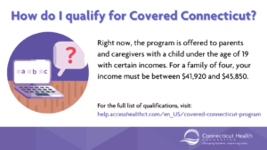 This is a graphic describing how to qualify for Covered Connecticut, which is currently available to parents and caregivers with a child under 19 who have certain incomes between $41,920 and $45,850.