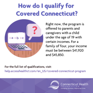 This is a graphic describing how to qualify for Covered Connecticut, which is currently available to parents and caregivers with a child under 19 who have certain incomes between $41,920 and $45,850.