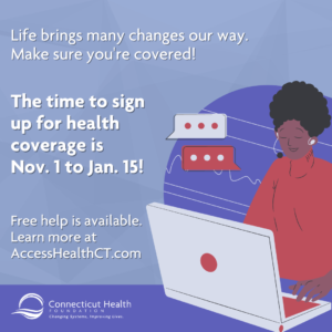 This is an image with a Black woman in a red shirt at her computer. The text reads "The time to sign up for health coverage is Nov. 1 to Jan. 15!"