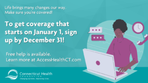 This is a graphic with a Black woman character looking at a laptop and text information about coverage deadlines. 