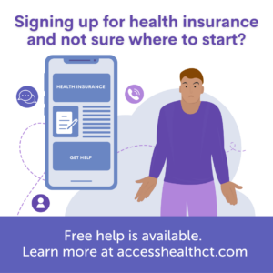 This is a square graphic with the text that reads: "Signing up for health insurance and not sure where to start? Free help is available. Learn more at accesshealth.com" In the center of the graphic, there is an illustration of a phone and icons around it. There is an illustration of a person with light brown skin who is shrugging his shoulders looking confused. 