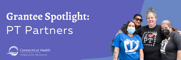 This is a header that reads "Grantee Spotlight: PT Partners". There is a photo of four members of PT Partners featured.