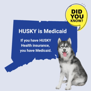 This is a graphic with a picture of the shape of the state of Connecticut. There is a yellow quotation bubble next to it that says "Did you know?" On top of the shape of Connecticut, there is text that says, "HUSKY is Medicaid. If you have HUSKY Health insurance, you have Medicaid." Under the quotation bubble is a picture of a husky dog.
